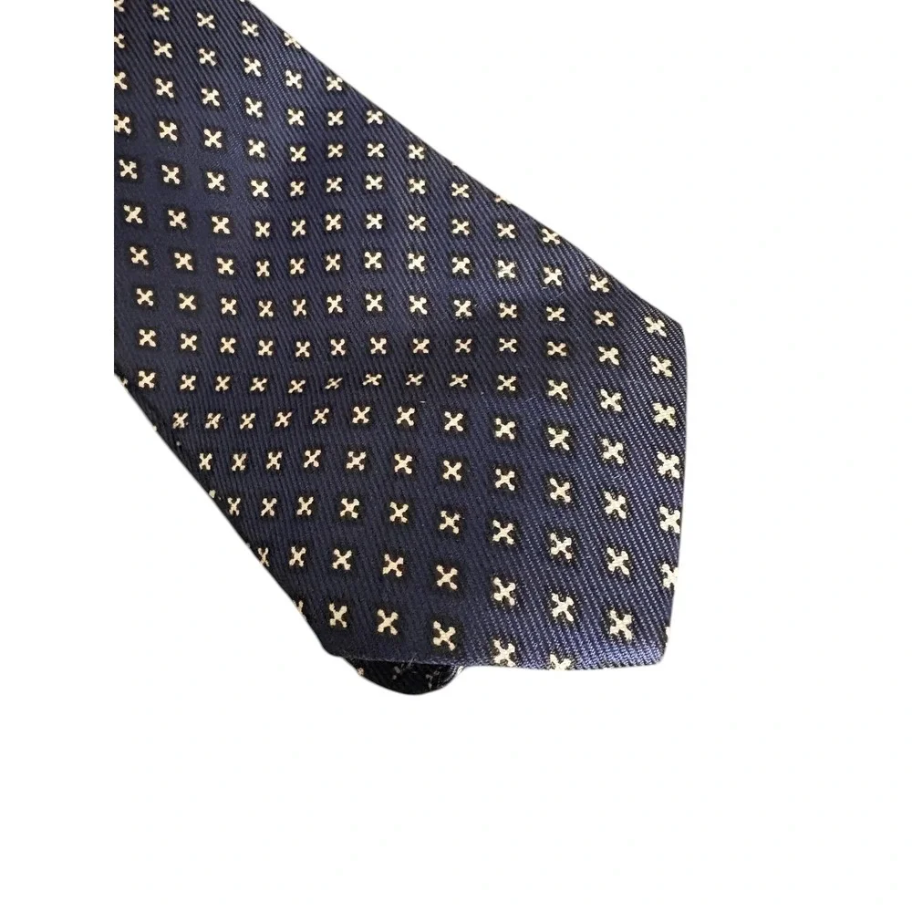 Vintage Hillo Cravat Tie Navy Blue Geometric Pattern Classic narrow Mens Necktie